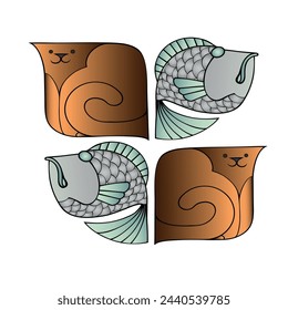 Funny animals. Composition of cats with fish. Flat design vector illustration.