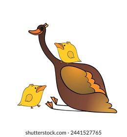 Funny animals. Composition of a duck with babies. Flat design vector illustration.