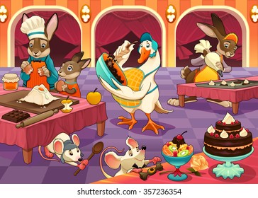 Funny animals are cooking cakes and cookies. Vector cartoon illustration