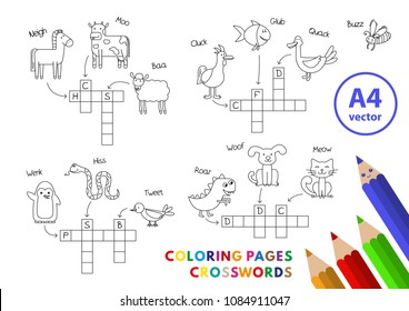 Funny animals crosswords set. Vector coloring book pages for children education