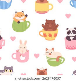 Animais engraçados em copos sem costura padrão. Capibara urso coelho raposa e gato sorrindo de canecas bonitos. Design de impressão para tecido ou papel de parede, fundo vetorial