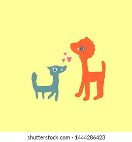 Funny animals. Cute cartoon style characters and pink hearts. Fox and lion. Design elements.