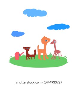Funny animals. Cute cartoon style characters on green meadow. Lion, fox, ostrich and elephant. Design elements.