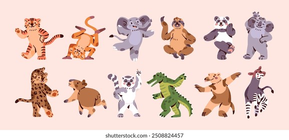 Funny animals dance set. Different anthropomorphic characters, monkey, panda have fun. Happy tiger, lemur, crocodile move with music. Cute elephant, capybara rejoice. Flat isolated vector illustration