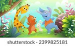 Funny animals dancing jumping playing in forest. Jungle cartoon for kids events and children party. Cute hand drawn zoo characters cartoon. Vector illustration in watercolor style for kids.