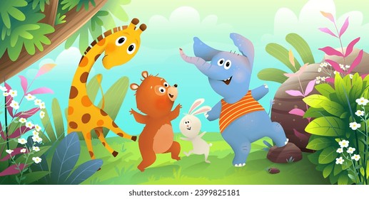 Funny animals dancing jumping playing in forest. Jungle cartoon for kids events and children party. Cute hand drawn zoo characters cartoon. Vector illustration in watercolor style for kids. svg
