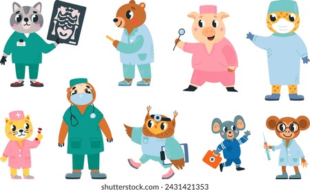 Animales divertidos, doctores. Animales de dibujos animados en uniforme de médico y enfermera. Profesionales de hospitales o ambulancias con medicamentos y herramientas, juego de vectores de clase