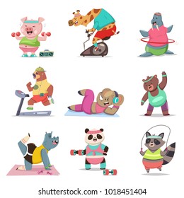 Funny animals doing exercise. Fitness and healthy lifestyle. Cute cartoon character vector set isolated on a white background.