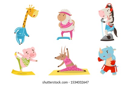 Funny Animals Doing Sport. Fitness And Healthy Lifestyle Vector Illustration Set.