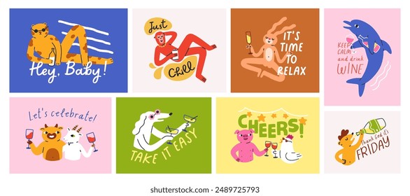 Animales divertidos bebiendo alcohol, tarjetas de vacaciones con frases geniales, citas. Bonitas postales de fiesta, personajes funky con botellas de vino, copas de vino, cóctel y champán. Ilustraciones vectoriales planas