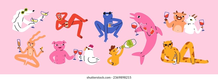 Animales divertidos bebiendo alcohol. Rana dulce, delfín, mono, amantes del vino con lentes de vino, botella, gafas, bebidas alcohólicas, licores, cóctel de verano. Isolación de ilustraciones vectoriales planas