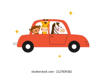 Funny Animals Driving A Car. Vector Illustration Drawn In Cartoon Style. Comic Print For Kids Textile Or Posters. African Little Giraffe, Monkey And Zebra Travel By Automobile