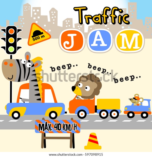 funny animals driving cars. Kids t\
shirt design, wallpaper, vector cartoon\
illustration