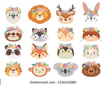 Funny animals in flower wreaths. Happy animal head with flower, fun cat and pet face in wreath. Pets and forest animals character face in flower crown stickers. Isolated vector icons set