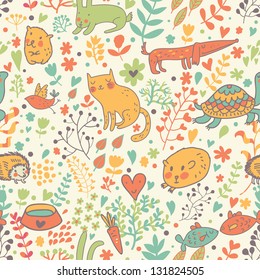 Funny animals in flowers. Cartoon seamless pattern for childish designs. Hamster, cat, dog, turtle. Seamless pattern can be used for wallpaper, pattern fills, web page background, surface textures.