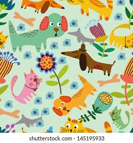 Funny animals in flowers. Cartoon seamless pattern for childish designs. Hamster, cat, dog, turtle. Seamless pattern can be used for wallpaper, pattern fills, web page background, surface textures.