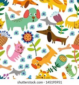 Funny animals in flowers. Cartoon seamless pattern for childish designs. Hamster, cat, dog, turtle. Seamless pattern can be used for wallpaper, pattern fills, web page background, surface textures.