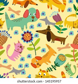 Animales divertidos en flores. Dibujo sin fisuras para diseños infantiles. Hamster, gato, perro, tortuga. Se puede utilizar un patrón sin problemas para papel pintado, rellenos de patrones, fondo de página web, texturas superficiales.