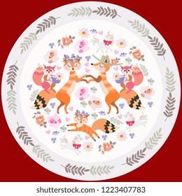 Funny animals and flowers on white background in vector. Pattern of round decorative plate for children.