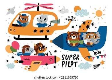 Funny animals fly. Avatars on different aircraft. Planes and helicopter. Bears and fox pilots. Wolf and elephant passengers. Hippopotamus travels by airplane. Vector air