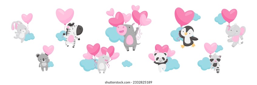 Funny Animals Flying with Heart Pink Balloon Among Clouds Vector Set