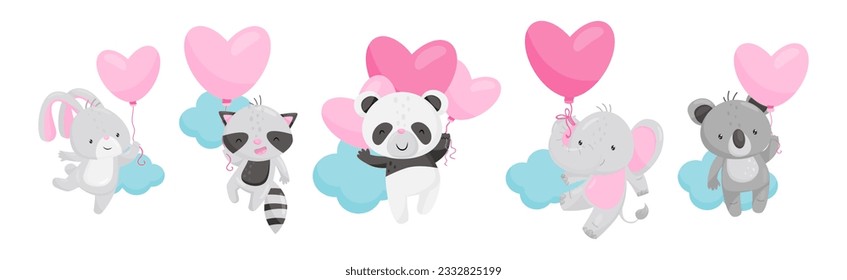 Funny Animals Flying with Heart Pink Balloon Among Clouds Vector Set