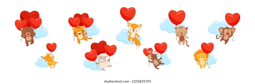 Funny Animals Flying with Heart Red Balloon Among Clouds Vector Set