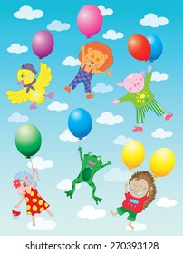 Funny animals flying on colorful balloons in sky with clouds, hand drawn illustration