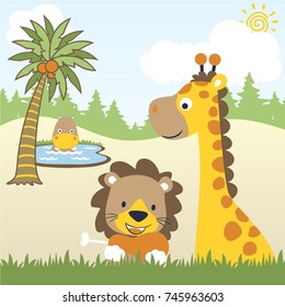 funny animals in forest on blue sky background, vector cartoon illustration