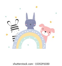 Funny animals friends and rainbow. Kids trendy print. Vector hand drawn illustration.