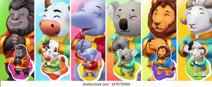 Funny animals. Gorilla, bull, elephant, koala, lion, ram. 3d vector background