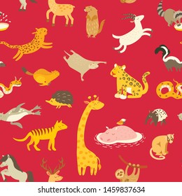 Funny animals hand drawn vector seamless pattern. Cute mammals and reptiles background
