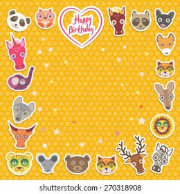 Funny Animals Happy birthday. orange Polka dot background. Vector