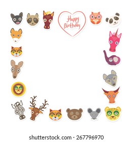 Funny Animals Happy birthday. pink heart on White background. Vector