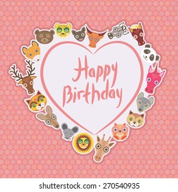 Funny Animals Happy birthday. White heart on pink Polka dot background. Vector