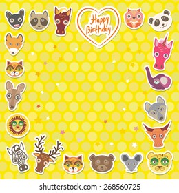Funny Animals Happy birthday. Yellow Polka dot background. Vector