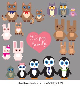 Funny animals. Happy family. Collection of vector objects on a gray background.