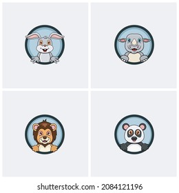 Funny Animals Head Character Design Set. Rabbit, Rhino, Lion and Panda. For Logo, Label, Icon, Inspiration and Template Design. Vector and Illustration.