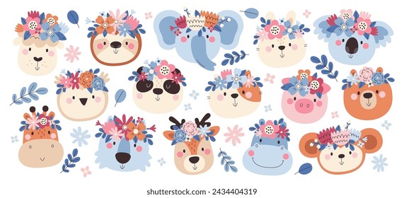 Funny animals head wearing floral wreath made from natural flower blossoms set on white background. Happy cute zoo, wild forest, farm characters in crown with blooming plants vector illustration