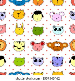 Funny animals heads set of vector illustrations. Design element, cards with hand drawn faces of wild animals in cartoon.