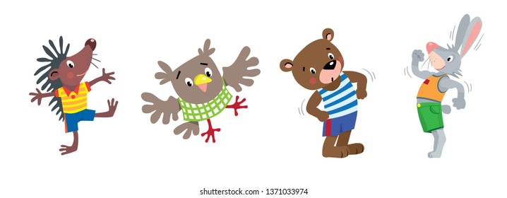 Funny animals, hedgehog, owl, bear and rabbit