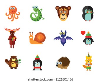 Funny Animals Icon Set. Monkey Face Funny Bee Bat Octopus Snail Penguin With Heart Balloon Penguin With Camera Funny Lizard Cartoon Hedgehog Cute Fox Moose With Flowers Penguin Beaver With Twig