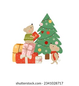 Graciosa ilustración de animales en vector. Composición con dos ratones con regalos al lado del árbol de Navidad. Plantilla para tarjetas de Año Nuevo recortar etiquetas de reserva invitaciones a planificadores. 