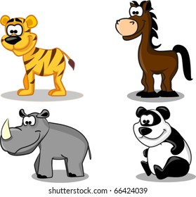 Funny animals including tiger, rhinoceros, horse, panda