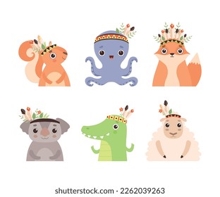Funny Animals with Indian Feathers and Tribal Band on Their Head Vector Set