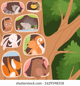 Funny Animals Inside the Tree Hollow Arranging Their Cozy Homes Vector Illustration