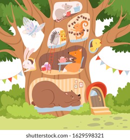 Funny Animals Inside the Tree Hollow Arranging Their Cozy Homes Vector Illustration