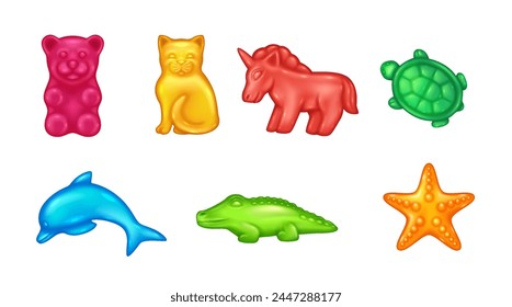 Animales divertidos dulces de gelatina 3d conjunto de Ilustración vectorial realista. Caramelos de goma para niños diseño creativo. Postres naturales sobre fondo transparente