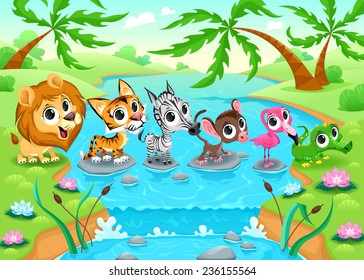 Funny animals in the jungle. Cartoon vector illustration.