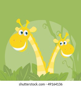 Funny animals - jungle giraffe family. Vector illustraton of happy giraffes in the jungle. Vector characters.
